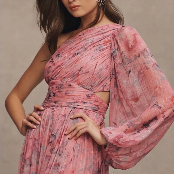 BHLDN Anthropologie Iris One Shoulder Cutout Printed Chiffon Maxi Gown | MEDIUM - Picture 2 of 15
